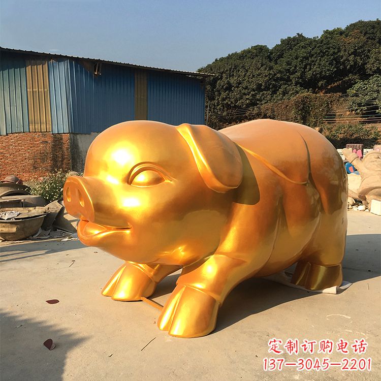 莆田玻璃钢大型漆金猪仔雕塑-大型商场美陈动物雕塑