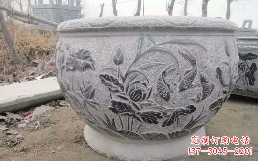 莆田仿古雕刻鲤鱼石浮雕水缸