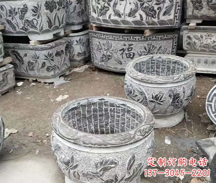 莆田仿古荷花石浮雕水缸塑像