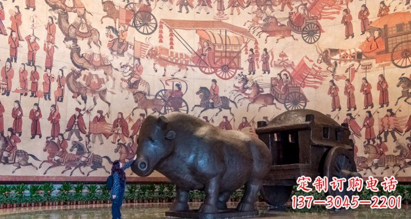 莆田传统风格铜河马拉车景观雕塑