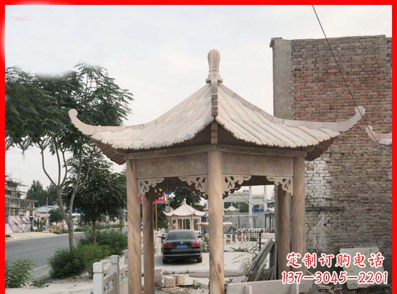 莆田公园晚霞红六角石凉亭雕塑
