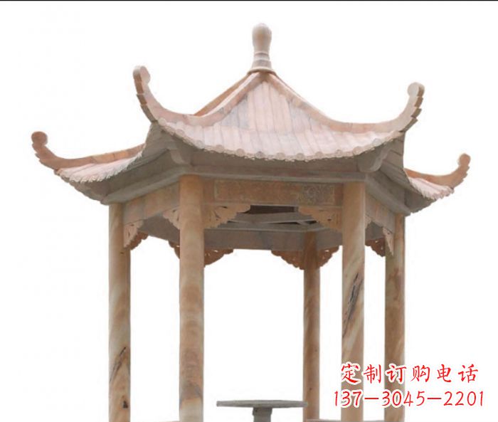 莆田美丽而优雅的公园晚霞红六角石凉亭雕塑