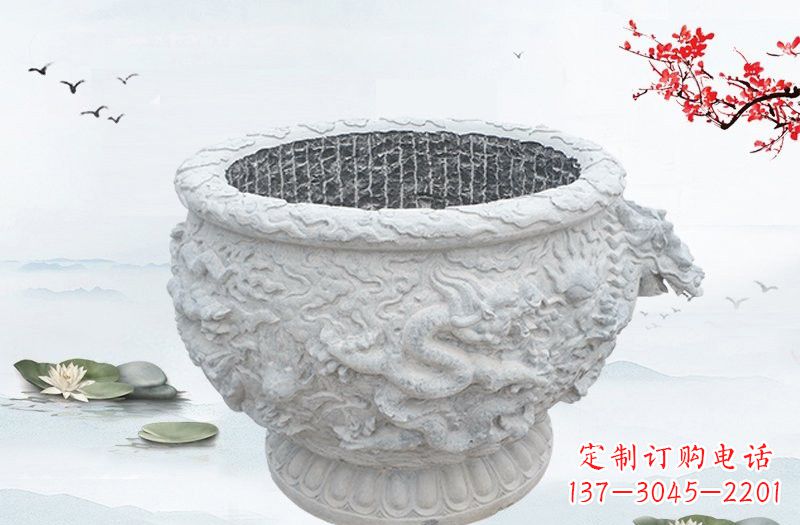 莆田汉白玉龙浮雕水缸,传承传统经典