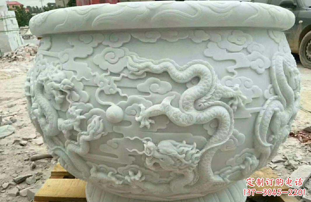 莆田汉白玉龙浮雕水缸雕塑