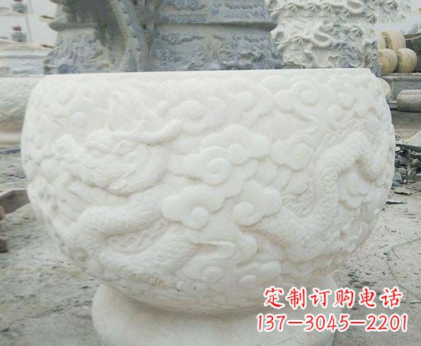 莆田汉白玉龙浮雕招财水缸,让你家居多一份福气