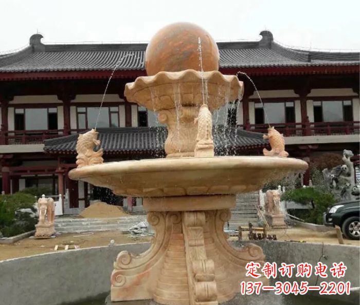 莆田双层风水球喷泉晚霞红石雕