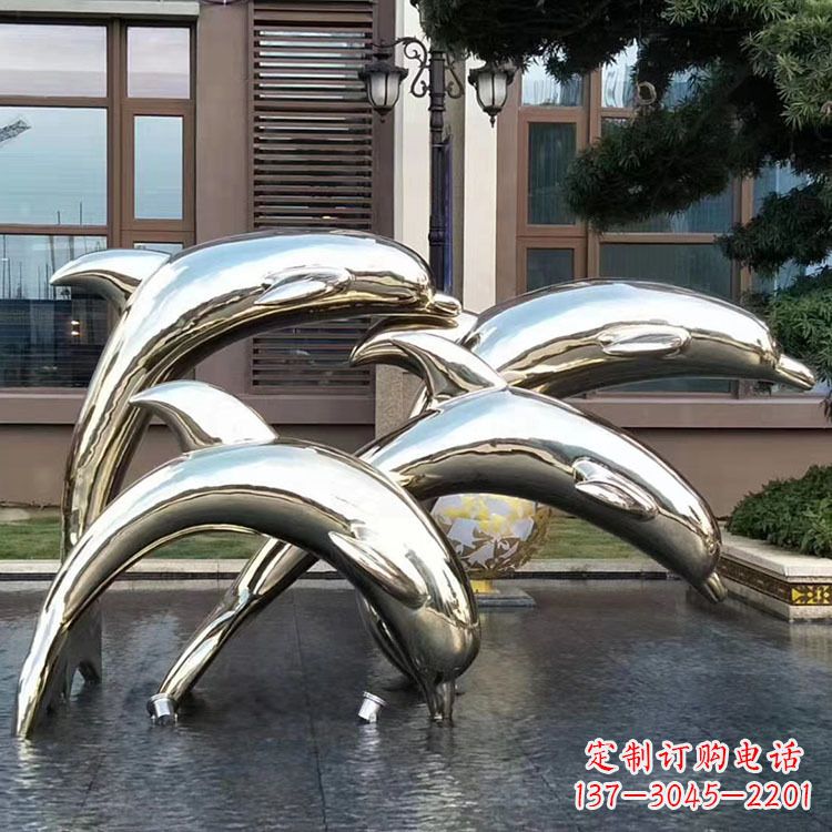莆田水景不锈钢海豚雕塑-城市广场创意动物雕塑