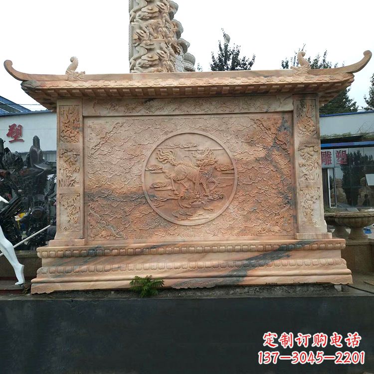莆田晚霞红麒麟影壁墙石雕