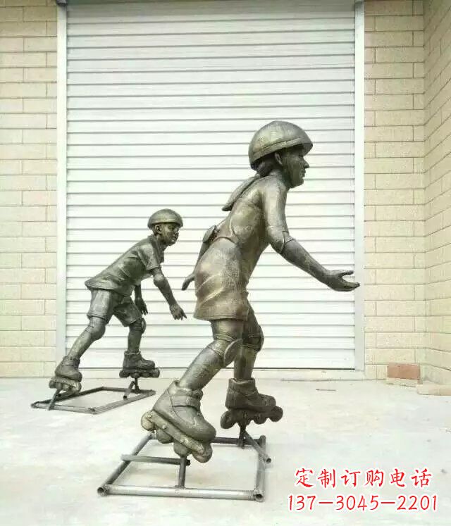 莆田小孩玩轮滑公园人物铜雕