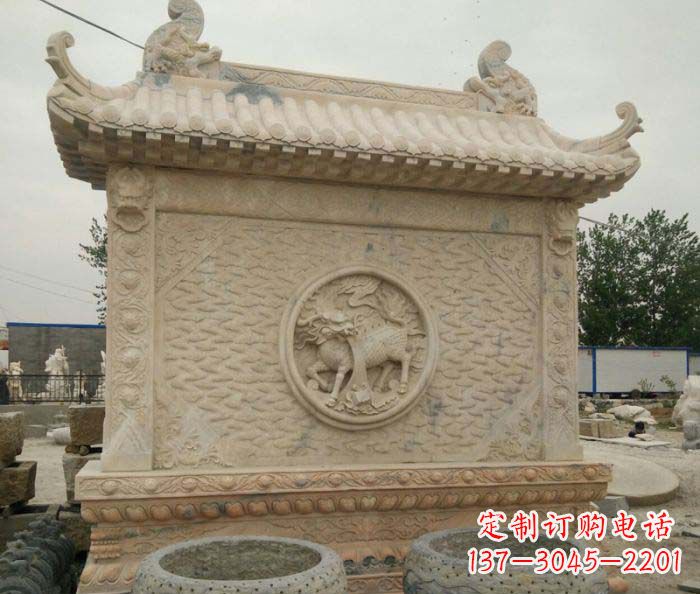 莆田园林景观晚霞红石雕影壁